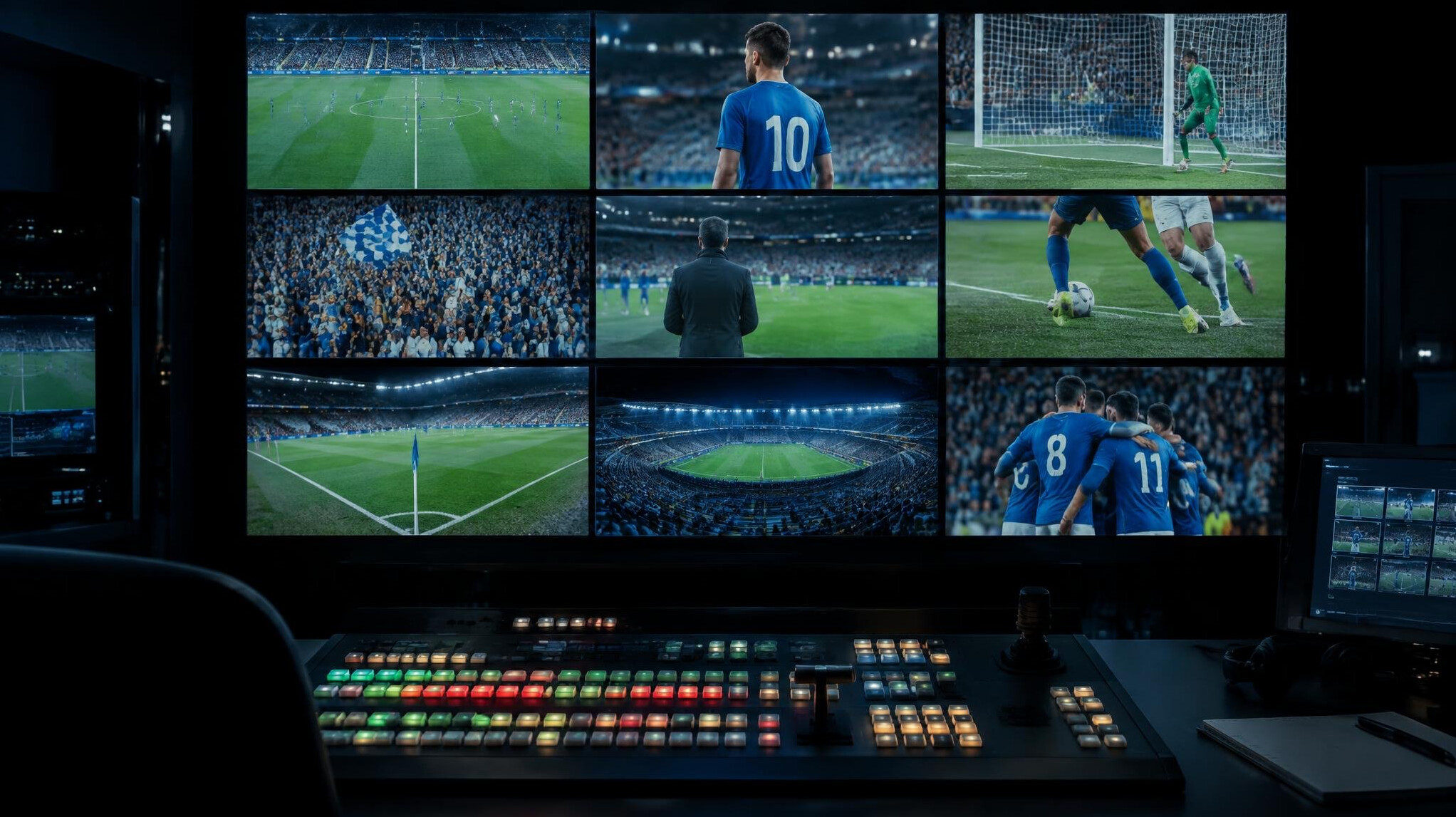 Monitor wall showing multiple live camera feeds during a broadcast