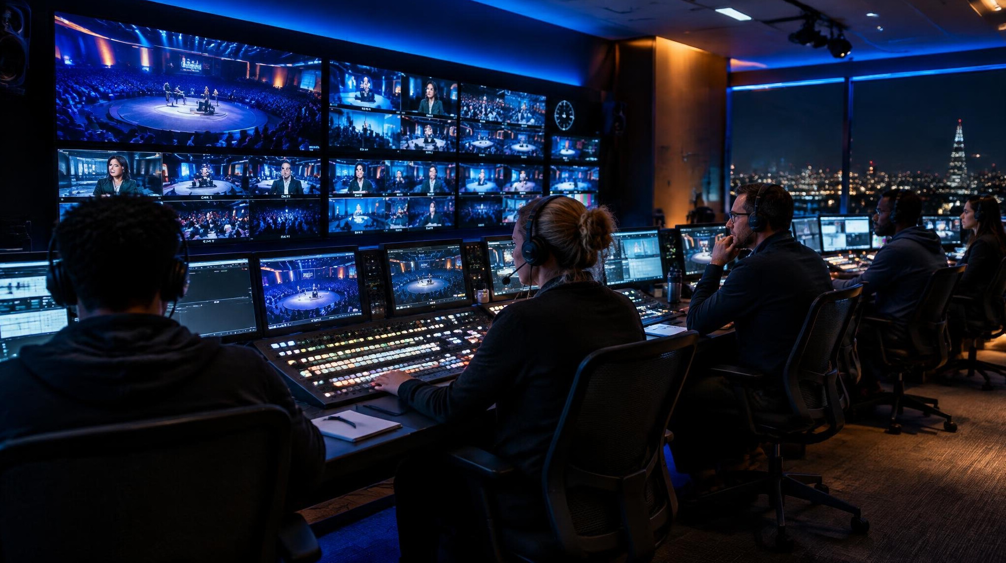 Television control room with multiple monitors and a vision mixing desk
