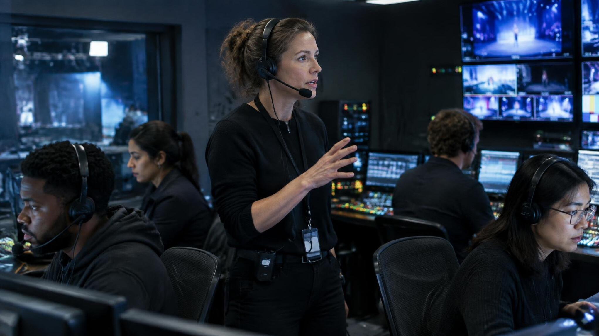 Director coordinating a production team in a control room