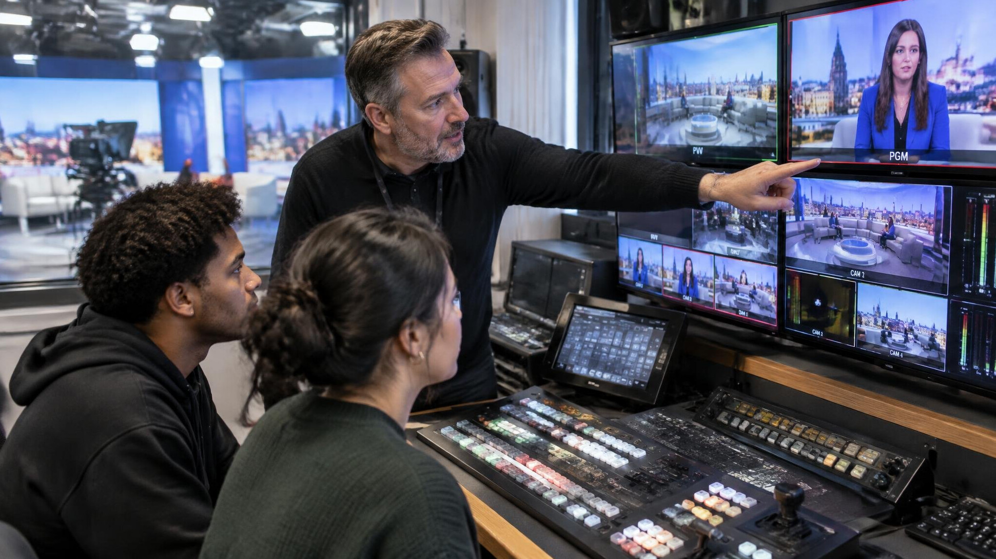 Trainer teaching students in a television studio control room