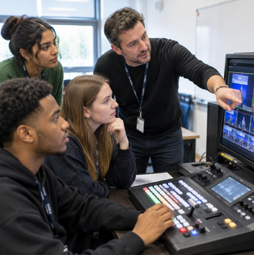 Group of trainees practising on broadcast equipment during a workshop