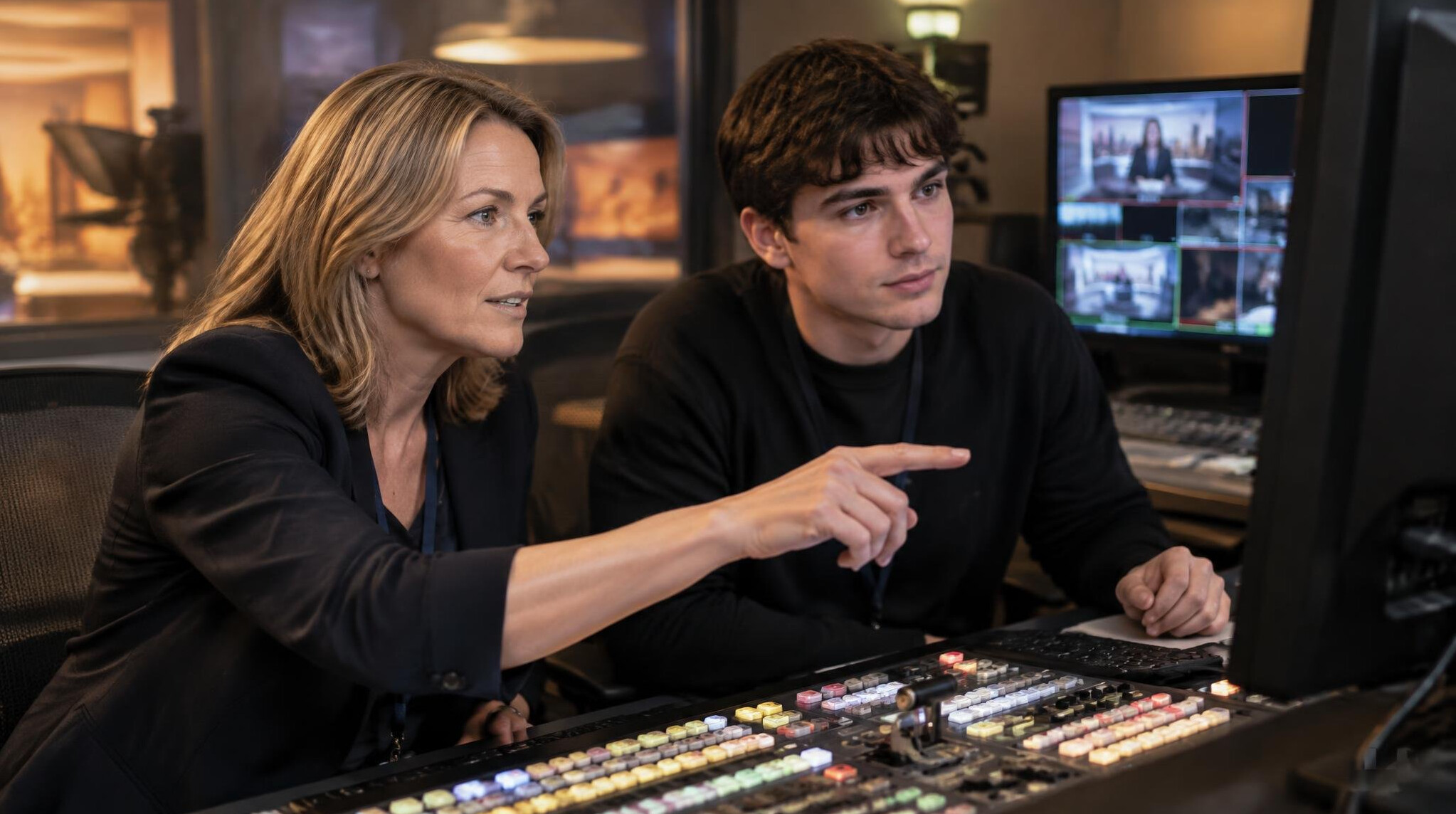 Instructor mentoring a trainee at a broadcast mixing desk