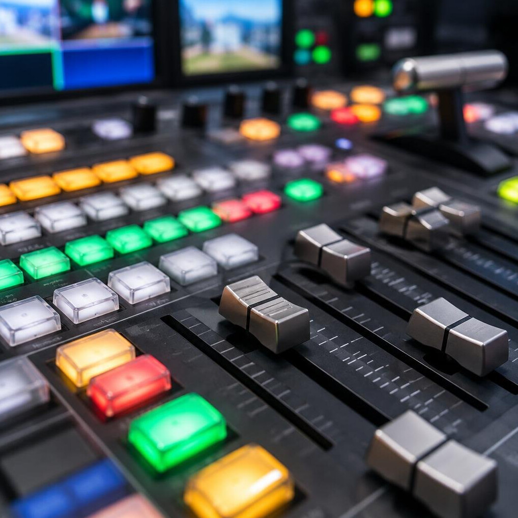 Close-up of illuminated buttons and faders on a broadcast switcher