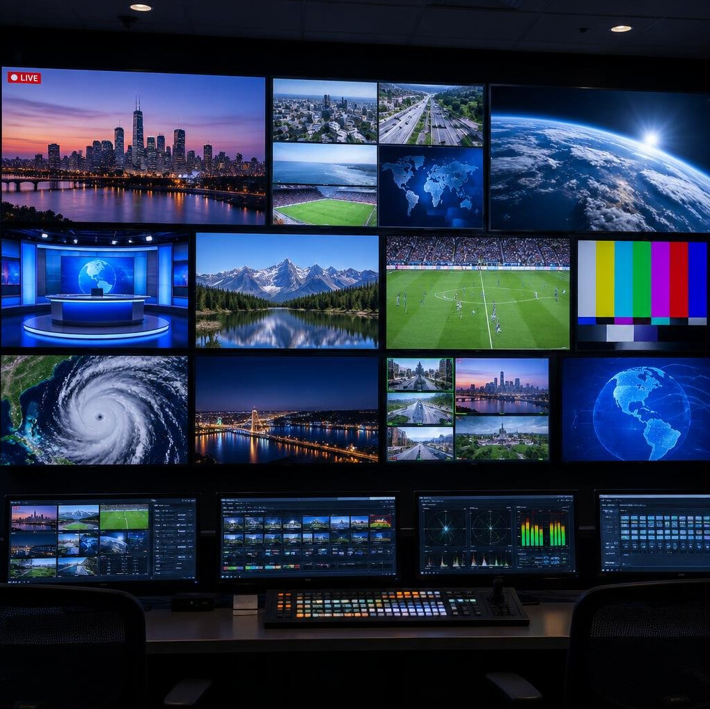 Wide wall of monitors in a broadcast control room